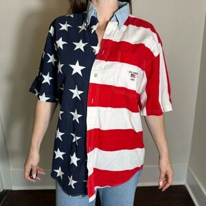 Vintage 100% Cotton Ivy Crew American Flag Button Up Shortsleeve Top Size M